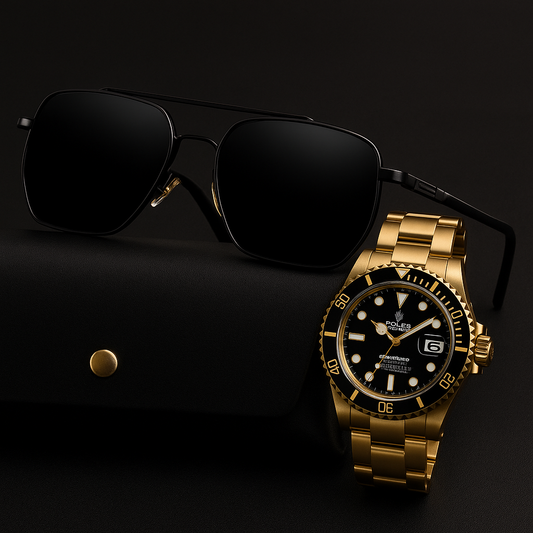 Combo Exclusivo: Reloj Estilo Rolex Submariner Dorado + Gafas Ray-Ban Clásicas